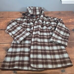 Junior Gallery Plaid Hooded Coat Womens Small Brown Blue Wool Excellent Vintage